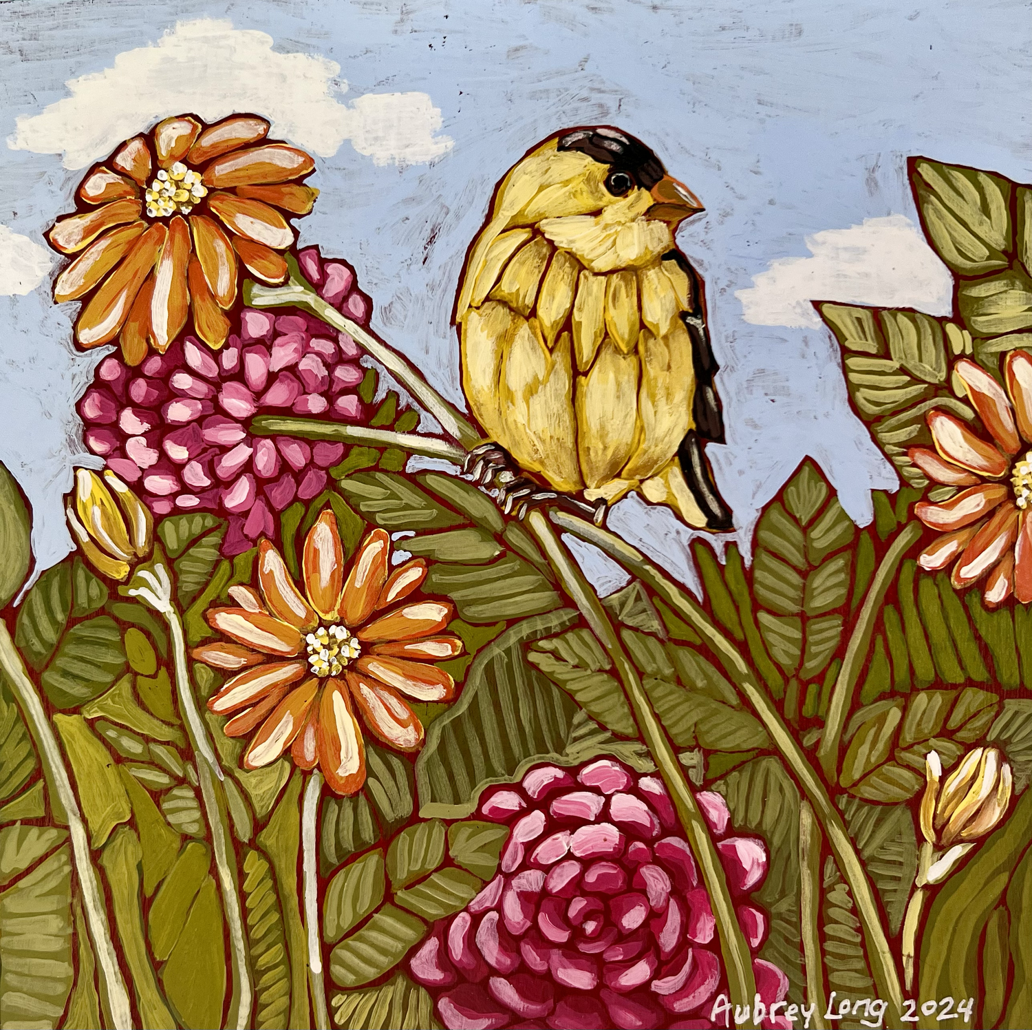 Studio painting of birds and flowers by Aubrey Long